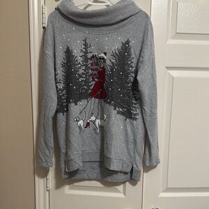 Elegant Gray Cowl Neck Sweater with Festive Design
